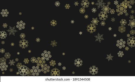 Gold snowflakes frame on black background. New year theme. Horizontal shiny Christmas frame for holiday banner, card, sale, special offer. Falling snow with gold snowflake and glitter for party invite