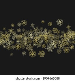 Gold snowflakes frame on black background. New year theme. Stylish shiny Christmas frame for holiday banner, card, sales, special offers. Falling snow with gold snowflakes and glitter for party invit
