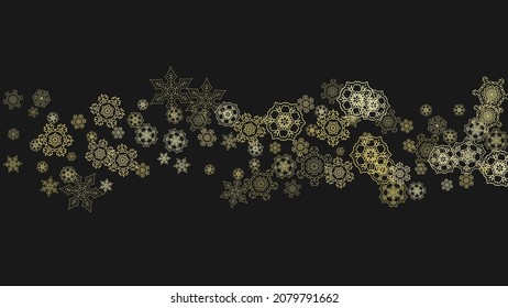 Gold snowflakes frame on black background. New year theme. Horizontal shiny Christmas frame for holiday banner, card, sale, special offer. Falling snow with gold snowflake and glitter for party invite