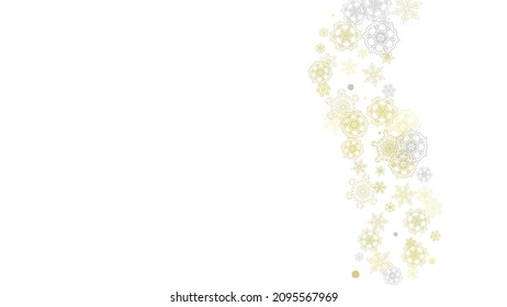 Gold snowflakes frame on black background. New year theme. Horizontal shiny Christmas frame for holiday banner, card, sale, special offer. Falling snow with gold snowflake and glitter for party invite