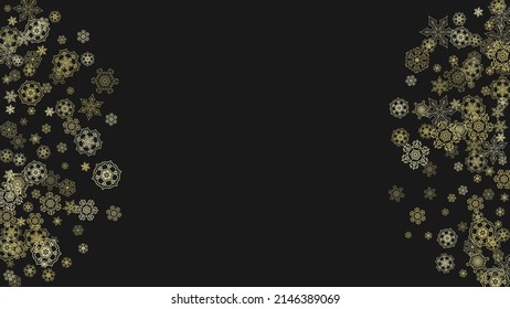 Gold snowflakes frame on black background. New year theme. Horizontal shiny Christmas frame for holiday banner, card, sale, special offer. Falling snow with gold snowflake and glitter for party invite