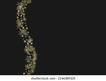 Gold snowflakes frame on black background. New year theme. Horizontal shiny Christmas frame for holiday banner, card, sale, special offer. Falling snow with gold snowflake and glitter for party invite