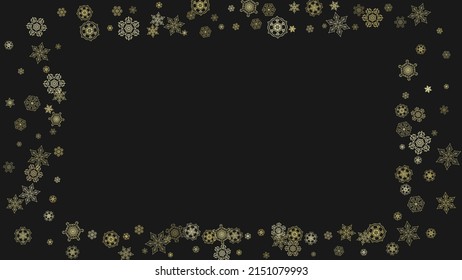 Gold snowflakes frame on black background. New year theme. Horizontal shiny Christmas frame for holiday banner, card, sale, special offer. Falling snow with gold snowflake and glitter for party invite