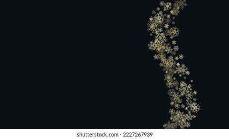 Gold snowflakes frame on black background. New year theme. Horizontal shiny Christmas frame for holiday banner, card, sale, special offer. Falling snow with gold snowflake and glitter for party invite