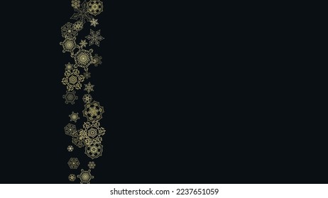 Gold snowflakes frame on black background. New year theme. Horizontal shiny Christmas frame for holiday banner, card, sale, special offer. Falling snow with gold snowflake and glitter for party invite