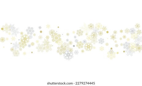 Gold snowflakes frame on black background. New year theme. Horizontal shiny Christmas frame for holiday banner, card, sale, special offer. Falling snow with gold snowflake and glitter for party invite