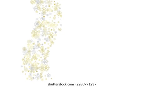 Gold snowflakes frame on black background. New year theme. Horizontal shiny Christmas frame for holiday banner, card, sale, special offer. Falling snow with gold snowflake and glitter for party invite