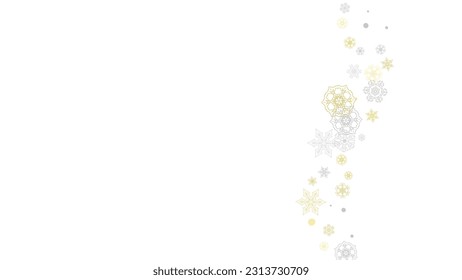 Gold snowflakes frame on black background. New year theme. Horizontal shiny Christmas frame for holiday banner, card, sale, special offer. Falling snow with gold snowflake and glitter for party invite