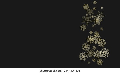 Gold snowflakes frame on black background. New year theme. Horizontal shiny Christmas frame for holiday banner, card, sale, special offer. Falling snow with gold snowflake and glitter for party invite