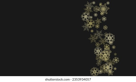 Gold snowflakes frame on black background. New year theme. Horizontal shiny Christmas frame for holiday banner, card, sale, special offer. Falling snow with gold snowflake and glitter for party invite