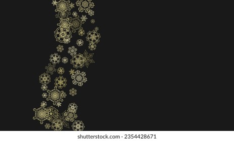 Gold snowflakes frame on black background. New year theme. Horizontal shiny Christmas frame for holiday banner, card, sale, special offer. Falling snow with gold snowflake and glitter for party invite