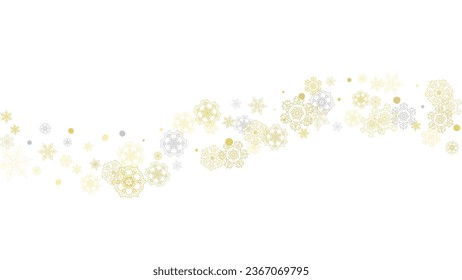 Gold snowflakes frame on black background. New year theme. Horizontal shiny Christmas frame for holiday banner, card, sale, special offer. Falling snow with gold snowflake and glitter for party invite