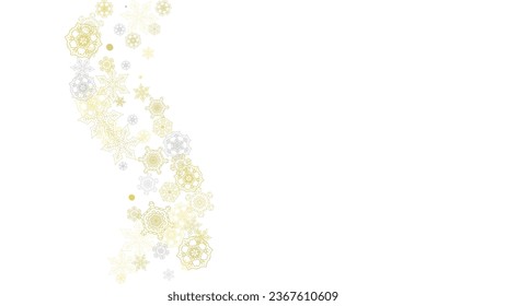 Gold snowflakes frame on black background. New year theme. Horizontal shiny Christmas frame for holiday banner, card, sale, special offer. Falling snow with gold snowflake and glitter for party invite