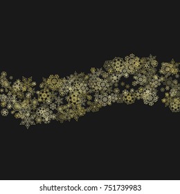 Gold snowflakes frame on black background. New year theme. Stylish shiny Christmas frame for holiday banner, card, sales, special offer. Falling snow with gold snowflakes and glitter for party invite
