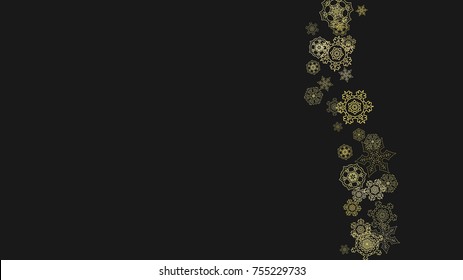Gold snowflakes frame on black background. New year theme. Horizontal shiny Christmas frame for holiday banner, card, sale, special offer. Falling snow with gold snowflake and glitter for party invite