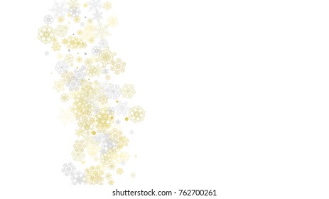 Gold snowflakes frame on black background. New year theme. Horizontal shiny Christmas frame for holiday banner, card, sale, special offer. Falling snow with gold snowflake and glitter for party invite