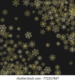 Gold snowflakes frame on black background. New year theme. Stylish shiny Christmas frame for holiday banner, card, sales, special offers. Falling snow with gold snowflakes and glitter for party invite