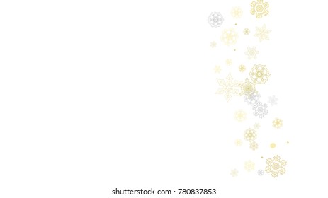 Gold snowflakes frame on black background. New year theme. Horizontal shiny Christmas frame for holiday banner, card, sale, special offer. Falling snow with gold snowflake and glitter for party invite