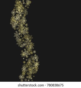 Gold snowflakes frame on black background. New year theme. Stylish shiny Christmas frame for holiday banner, card, sales, special offers. Falling snow with gold snowflakes and glitter for party invite