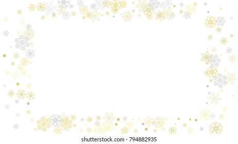 Gold snowflakes frame on black background. New year theme. Horizontal shiny Christmas frame for holiday banner, card, sale, special offer. Falling snow with gold snowflake and glitter for party invite