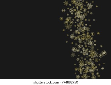 Gold snowflakes frame on black background. New year theme. Horizontal shiny Christmas frame for holiday banner, card, sale, special offer. Falling snow with gold snowflake and glitter for party invite