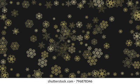 Gold snowflakes frame on black background. New year theme. Horizontal shiny Christmas frame for holiday banner, card, sale, special offer. Falling snow with gold snowflake and glitter for party invite