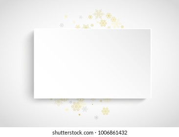 Gold snowflakes frame on white background. New year theme. Horizontal paper Christmas frame for holiday banner, card, sale, special offer. Falling snow with gold snowflake and glitter for party invite