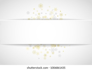 Gold snowflakes frame on white background. New year theme. Horizontal paper Christmas frame for holiday banner, card, sale, special offer. Falling snow with gold snowflake and glitter for party invite