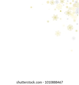 Gold snowflakes frame on white background. New year theme. Stylish shiny Christmas frame for holiday banner, card, sales, special offers. Falling snow with gold snowflakes and glitter for party invite