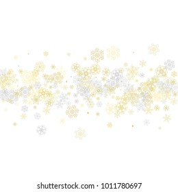 Gold snowflakes frame on white background. New year theme. Stylish shiny Christmas frame for holiday banner, card, sales, special offers. Falling snow with gold snowflakes and glitter for party invite