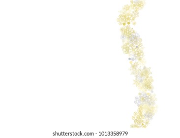 Gold snowflakes frame on white background. New year theme. Horizontal shiny Christmas frame for holiday banner, card, sale, special offer. Falling snow with gold snowflake and glitter for party invite