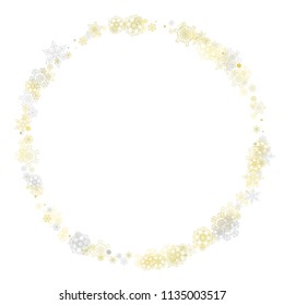 Gold snowflakes frame on white background. New year theme. Stylish shiny Christmas frame for holiday banner, card, sales, special offers. Falling snow with gold snowflakes and glitter for party invite