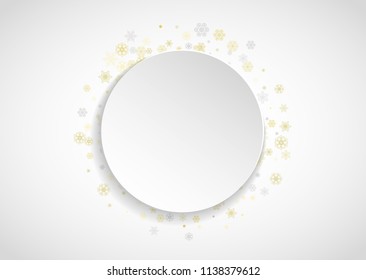 Gold snowflakes frame on white background. New year theme. Horizontal paper Christmas frame for holiday banner, card, sale, special offer. Falling snow with gold snowflake and glitter for party invite