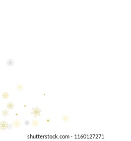 Gold snowflakes frame on white background. New year theme. Stylish shiny Christmas frame for holiday banner, card, sales, special offers. Falling snow with gold snowflakes and glitter for party invite