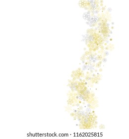 Gold snowflakes frame on white background. New year theme. Stylish shiny Christmas frame for holiday banner, card, sales, special offers. Falling snow with gold snowflakes and glitter for party invite