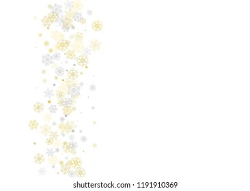 Gold snowflakes frame on white background. New year theme. Horizontal shiny Christmas frame for holiday banner, card, sale, special offer. Falling snow with gold snowflake and glitter for party invite