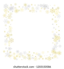 Gold snowflakes frame on white background. New year theme. Stylish shiny Christmas frame for holiday banner, card, sales, special offers. Falling snow with gold snowflakes and glitter for party invite