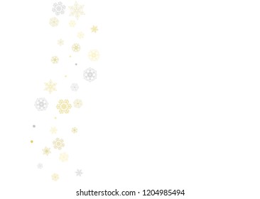 Gold snowflakes frame on white background. New year theme. Horizontal shiny Christmas frame for holiday banner, card, sale, special offer. Falling snow with gold snowflake and glitter for party invite