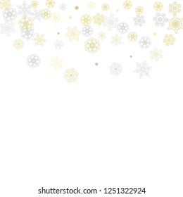 Gold snowflakes frame on white background. New year theme. Stylish shiny Christmas frame for holiday banner, card, sales, special offers. Falling snow with gold snowflakes and glitter for party invite