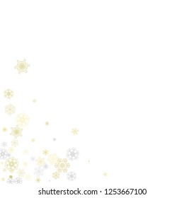 Gold snowflakes frame on white background. New year theme. Stylish shiny Christmas frame for holiday banner, card, sales, special offers. Falling snow with gold snowflakes and glitter for party invite