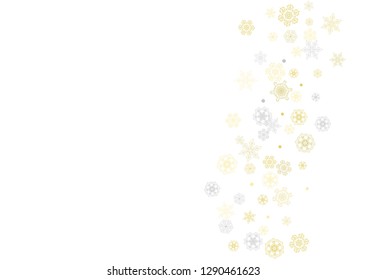 Gold snowflakes frame on white background. New year theme. Horizontal shiny Christmas frame for holiday banner, card, sale, special offer. Falling snow with gold snowflake and glitter for party invite