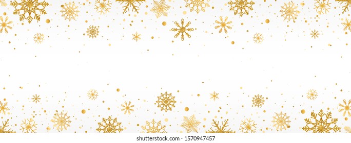 Gold snowflakes frame on white background. Golden snowflakes border with different ornaments. Luxury Christmas garland.  Vector illustration.