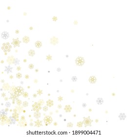 Gold snowflakes frame on white background. New year theme. Stylish shiny Christmas frame for holiday banner, card, sales, special offers. Falling snow with gold snowflakes and glitter for party invite