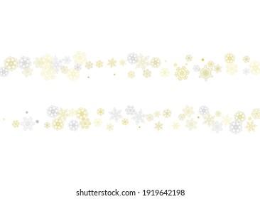 Gold snowflakes frame on white background. New year theme. Horizontal shiny Christmas frame for holiday banner, card, sale, special offer. Falling snow with gold snowflake and glitter for party invite