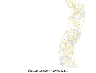 Gold snowflakes frame on white background. New year theme. Horizontal shiny Christmas frame for holiday banner, card, sale, special offer. Falling snow with gold snowflake and glitter for party invite