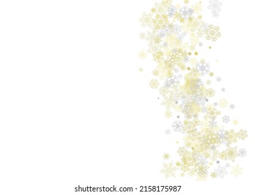Gold snowflakes frame on white background. New year theme. Horizontal shiny Christmas frame for holiday banner, card, sale, special offer. Falling snow with gold snowflake and glitter for party invite
