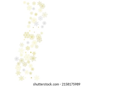 Gold snowflakes frame on white background. New year theme. Horizontal shiny Christmas frame for holiday banner, card, sale, special offer. Falling snow with gold snowflake and glitter for party invite