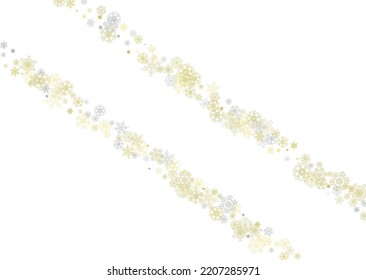 Gold snowflakes frame on white background. New year theme. Horizontal shiny Christmas frame for holiday banner, card, sale, special offer. Falling snow with gold snowflake and glitter for party invite