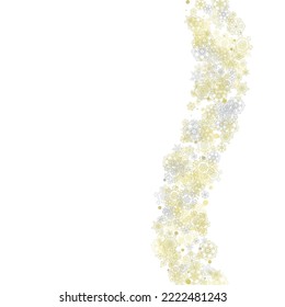 Gold snowflakes frame on white background. New year theme. Stylish shiny Christmas frame for holiday banner, card, sales, special offers. Falling snow with gold snowflakes and glitter for party invite
