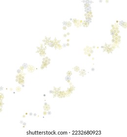 Gold snowflakes frame on white background. New year theme. Stylish shiny Christmas frame for holiday banner, card, sales, special offers. Falling snow with gold snowflakes and glitter for party invite